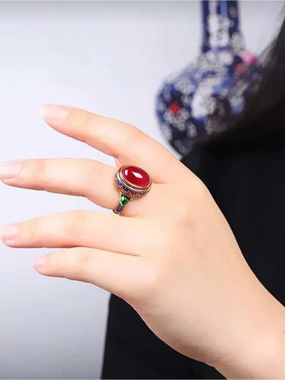 Golden Ring with Red Cabochon and Enamel Accents - Picture 6 of 7